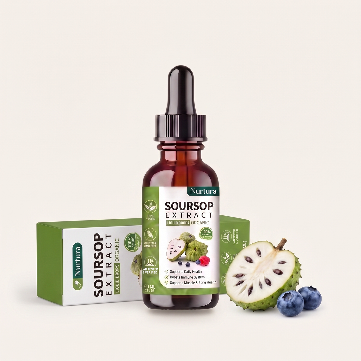 Nurtura Soursop Extract Drops bottle with box and fresh soursop fruit