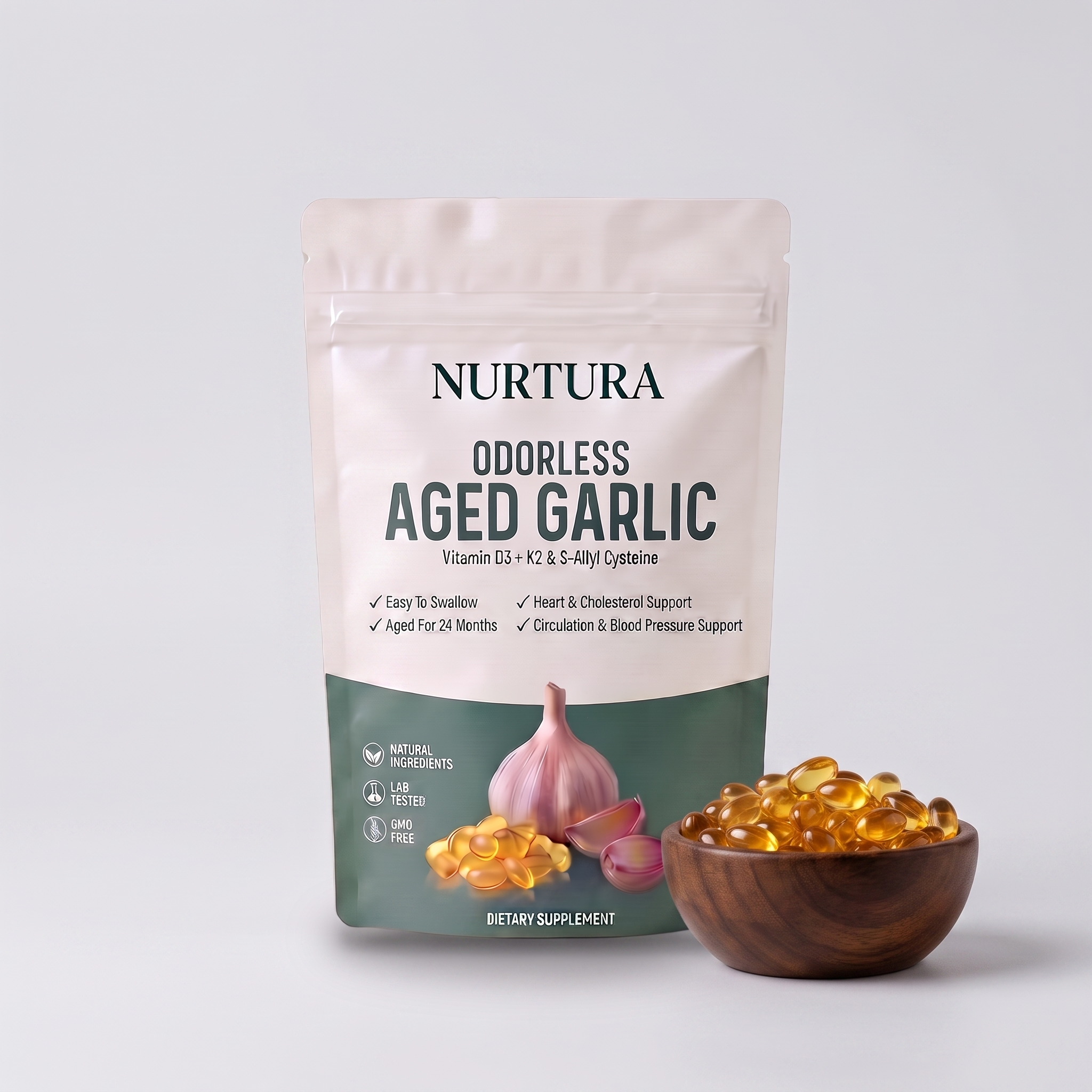 Nurtura Aged Garlic Extract Softgels pouch with a wooden bowl of softgels