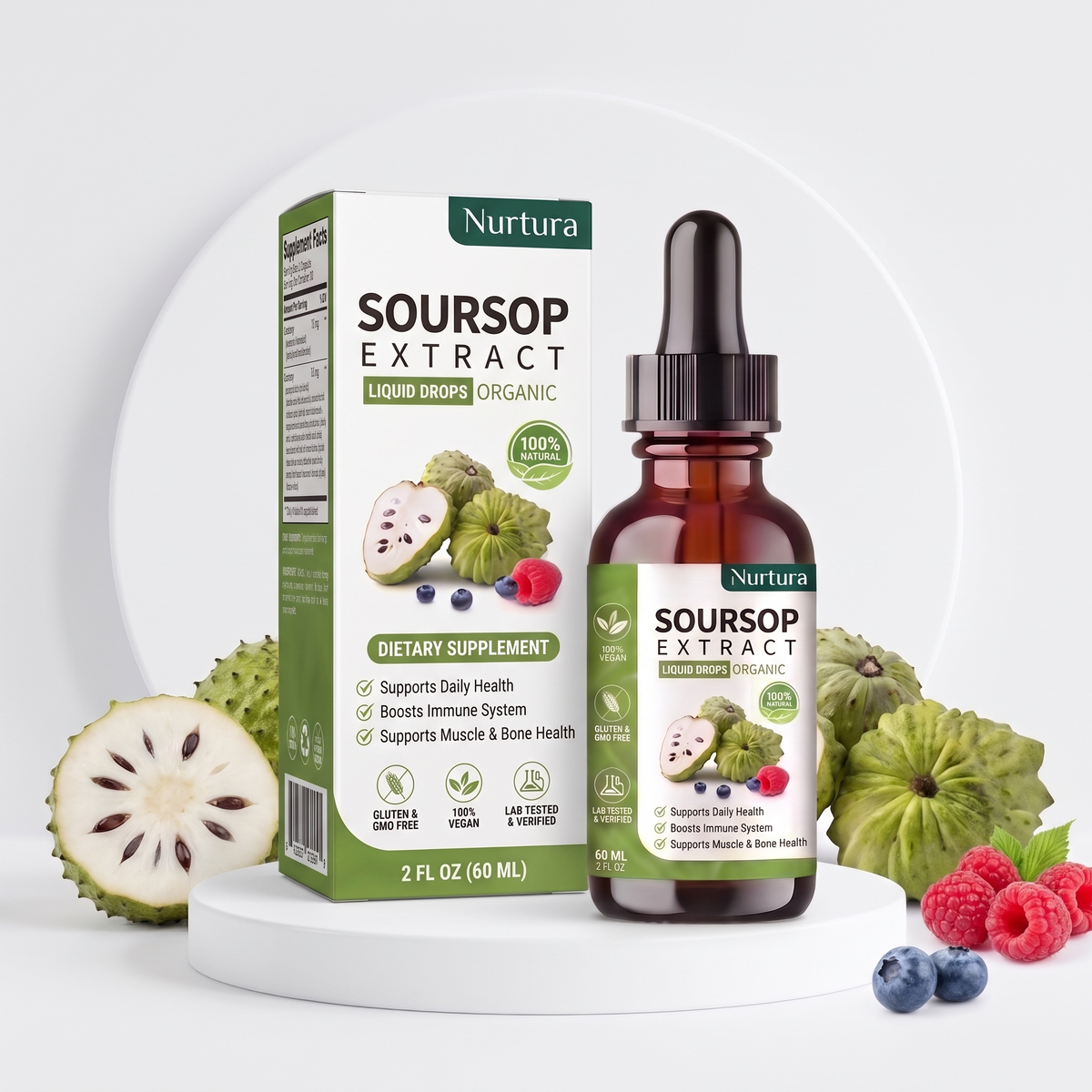 Nurtura Soursop Extract Drops bottle and box on a podium with soursop fruit and berries
