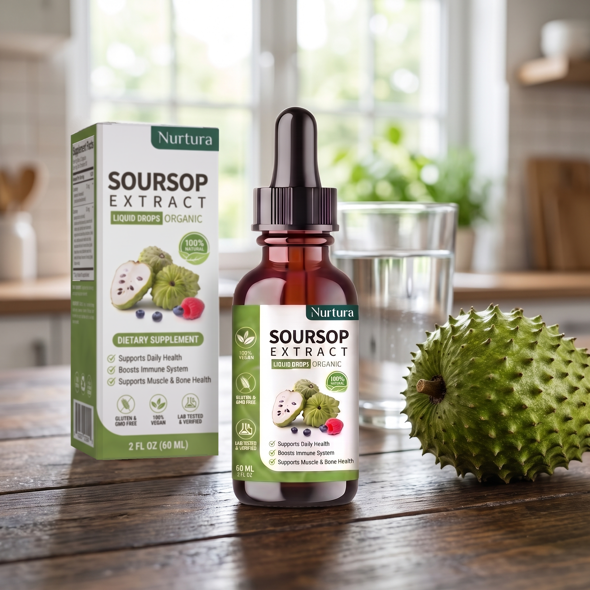 Nurtura Soursop Extract Drops bottle and box on a wooden kitchen table with a soursop fruit and a glass of water
