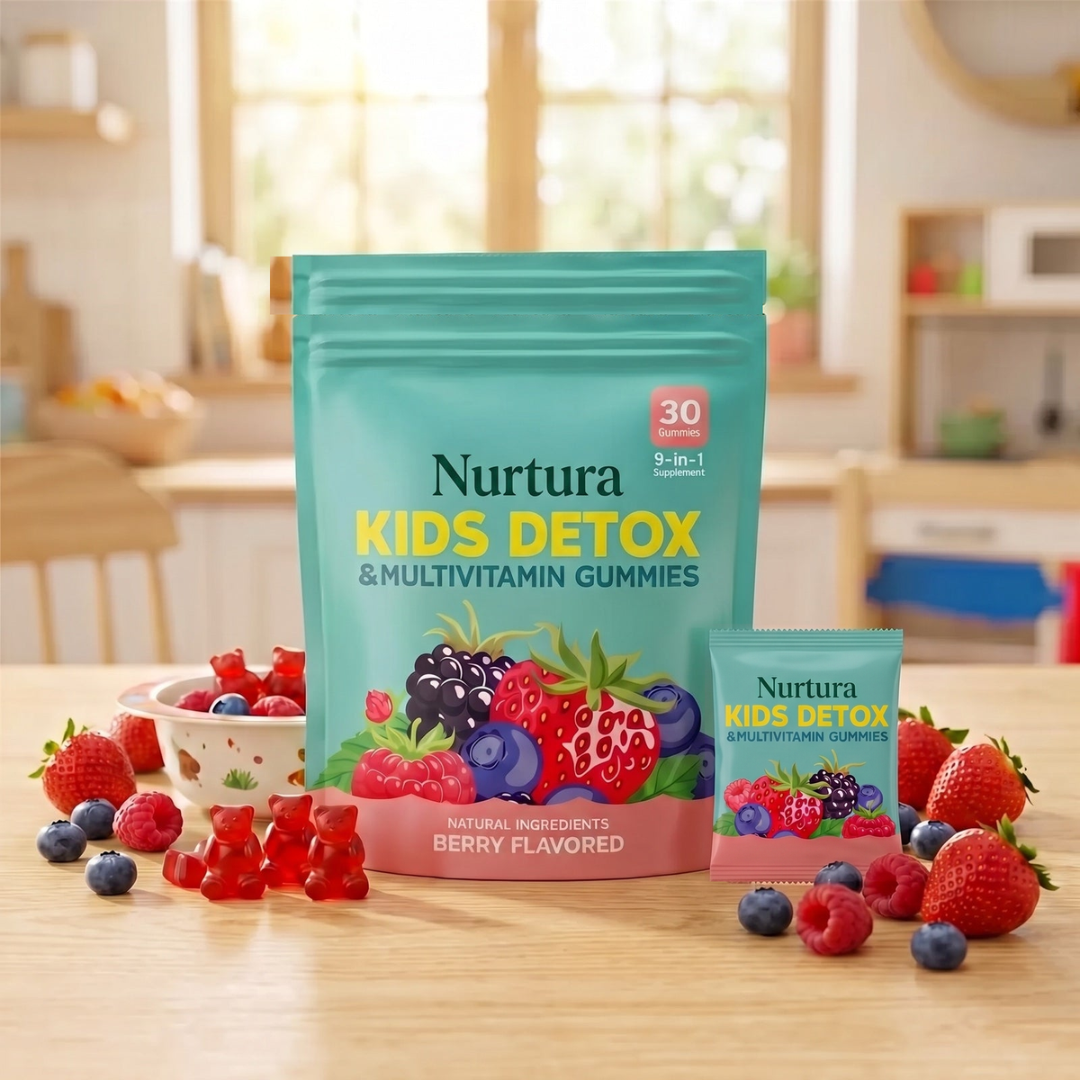 Nurtura Kids Detox & Multivitamin Gummies pouch and sachet in a kitchen with berries