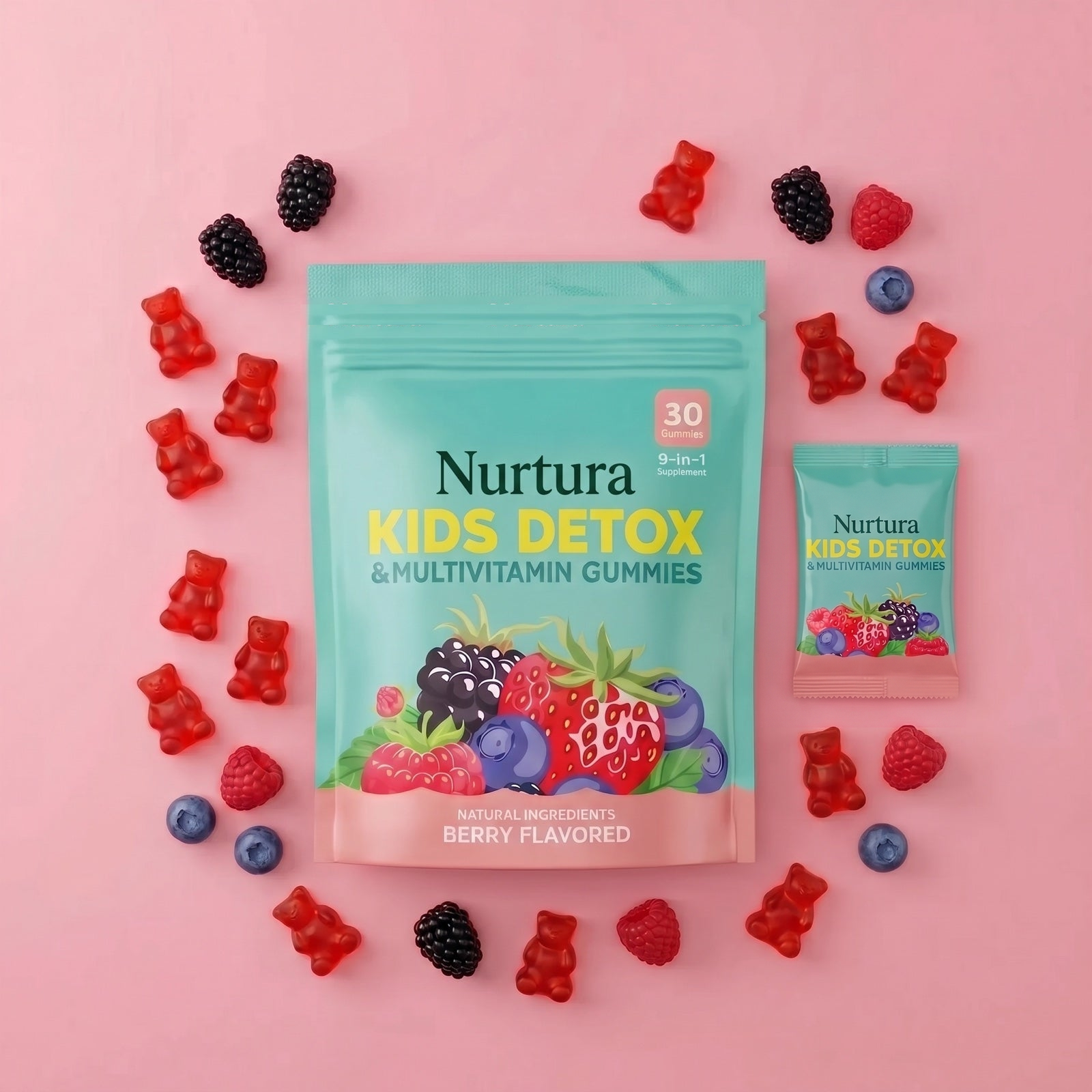 Nurtura Kids Detox & Multivitamin Gummies flat lay with berries and gummies
