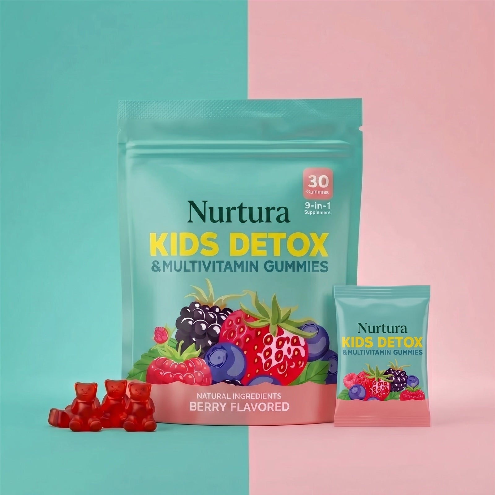 Nurtura Kids Detox & Multivitamin Gummies pouch and sachet studio