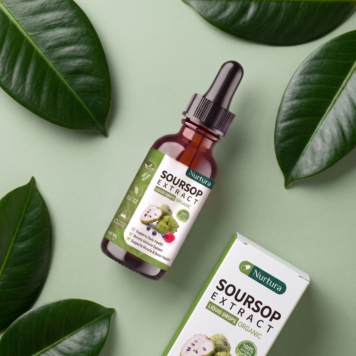 Nurtura Soursop Extract Drops bottle and box flat lay on green leaves