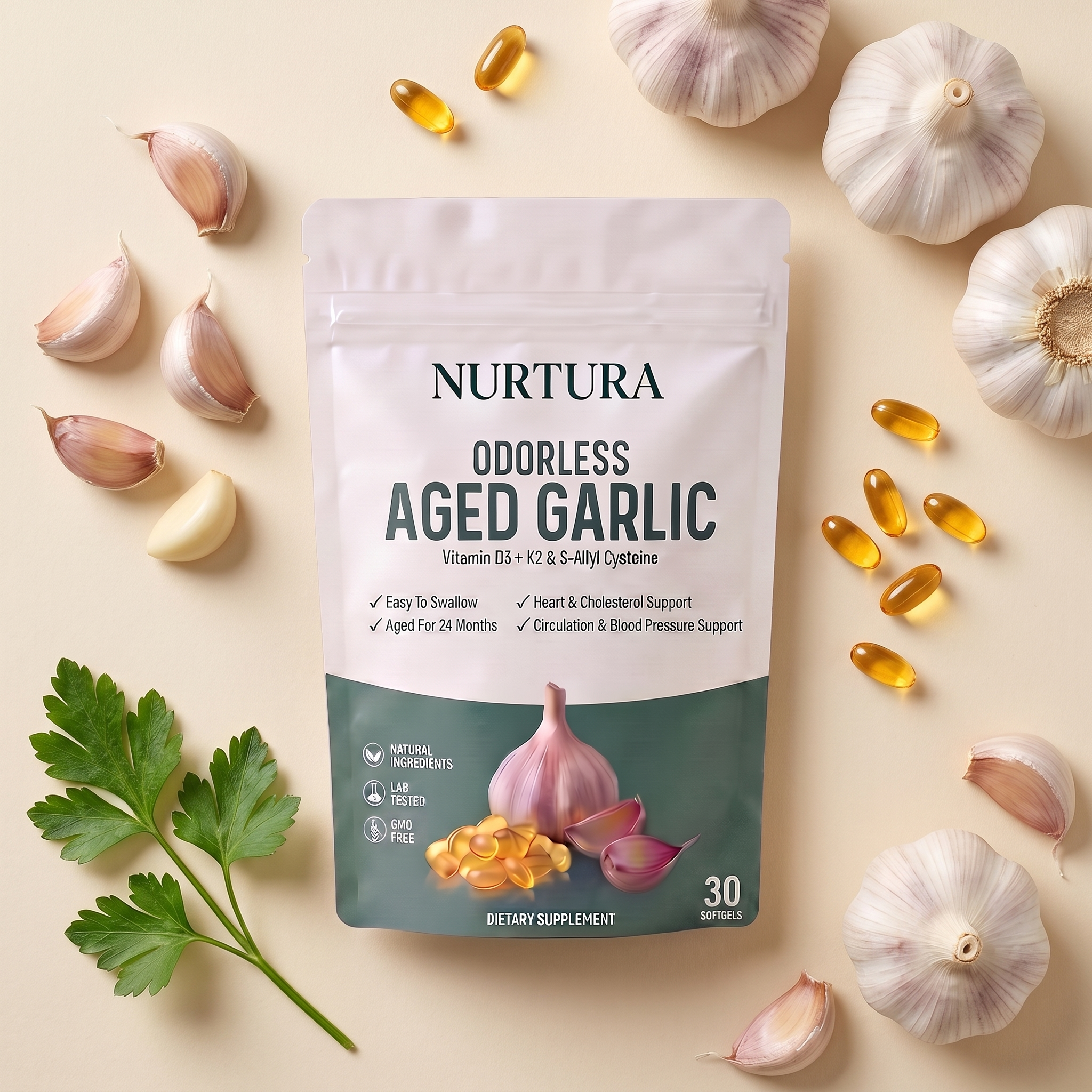Nurtura Aged Garlic Extract Softgels pouch flat lay with garlic bulbs, cloves and parsley