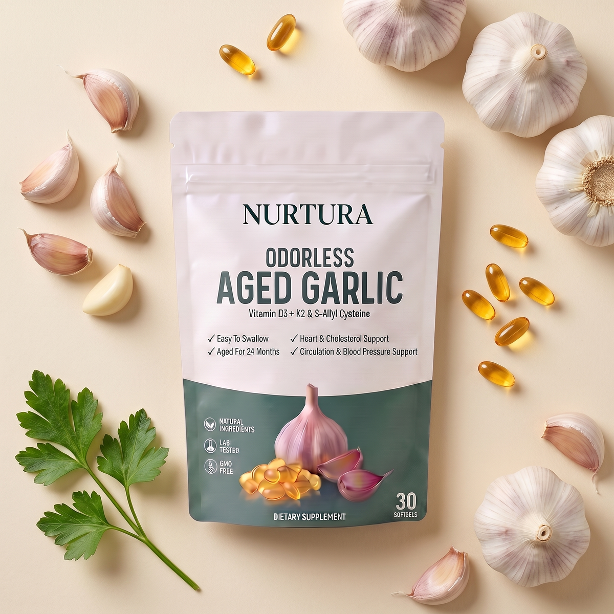 Nurtura Aged Garlic Extract Softgels pouch flat lay with garlic bulbs, cloves and parsley
