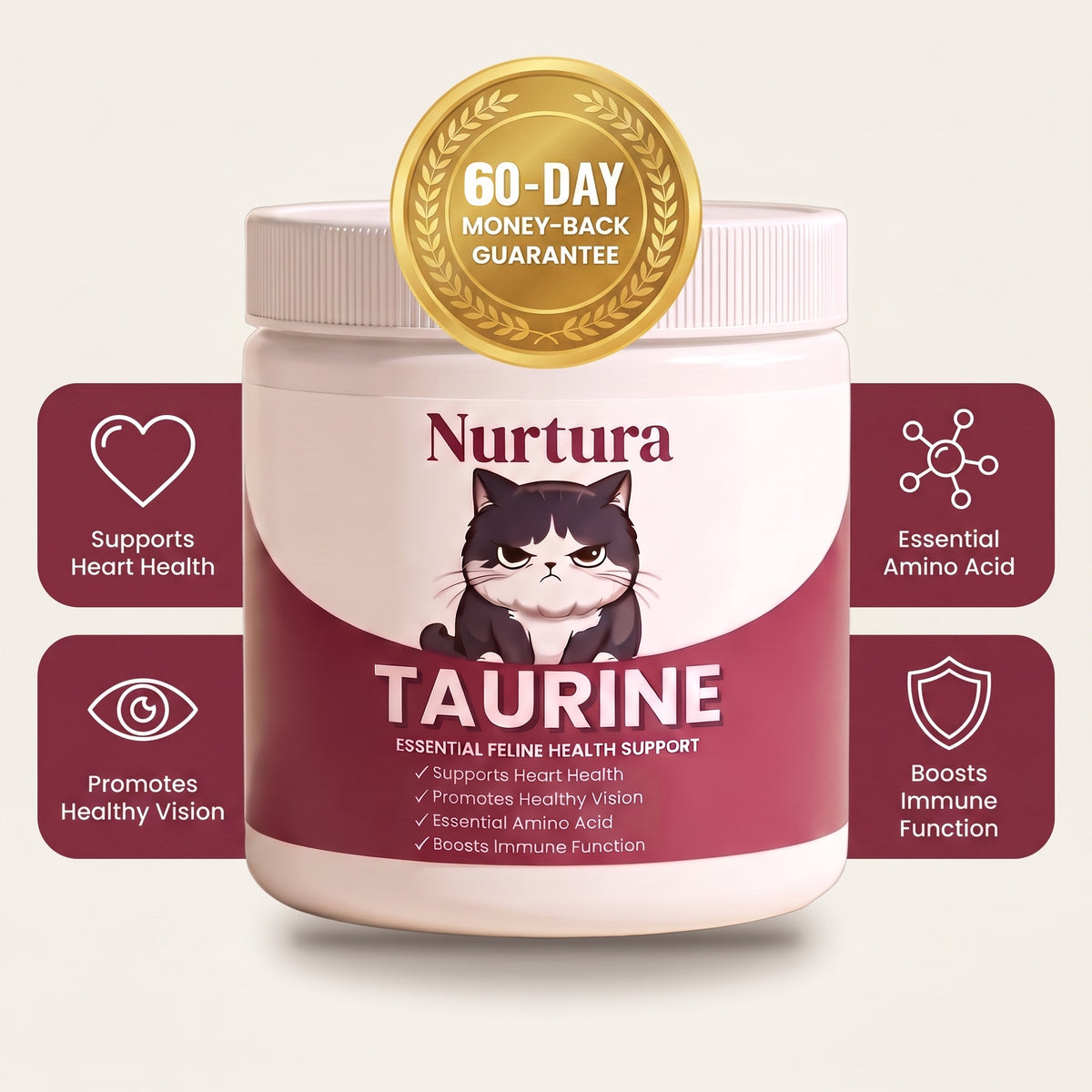 Nurtura Taurine for Cats 60-day money-back guarantee with four benefits