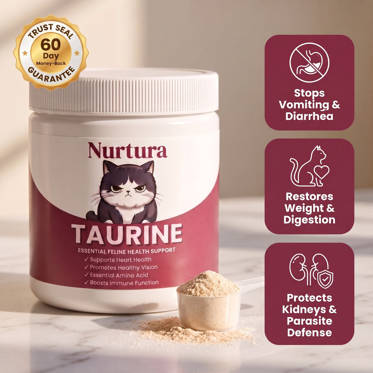 Nurtura Taurine for Cats tub with scoop of powder – 60-day money-back guarantee; stops vomiting and diarrhea, restores weight and digestion, protects kidneys and parasite defense