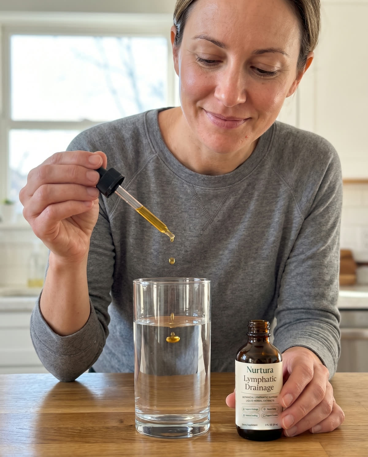 Adding Nurtura Lymphatic Drainage Drops to a glass of water in the morning