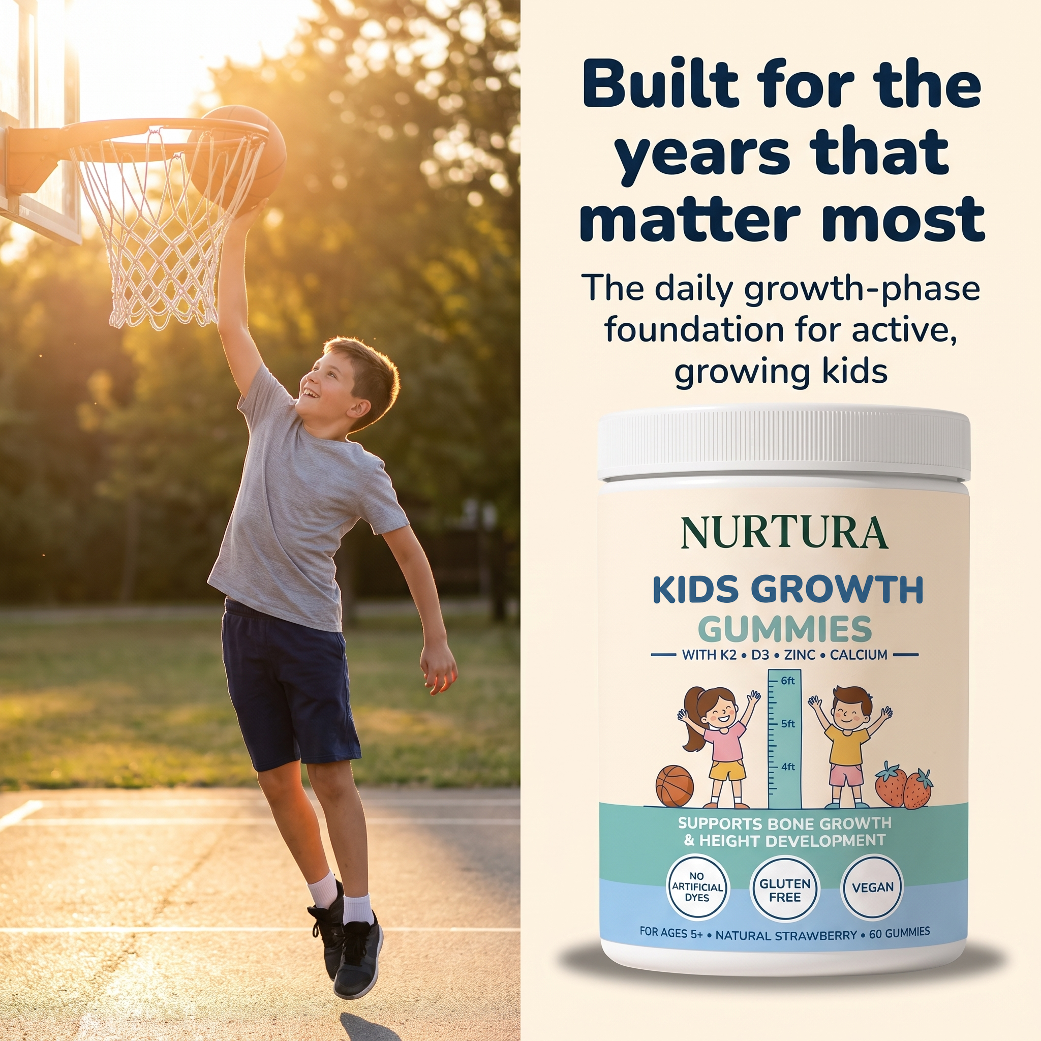 Nurtura Kids Growth Gummies with basketball, no artificial dyes, gluten free, vegan