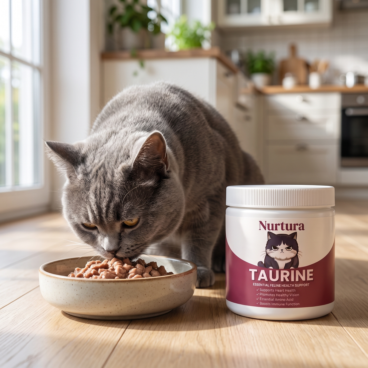 Grey cat eating wet food next to a tub of Nurtura Taurine for Cats