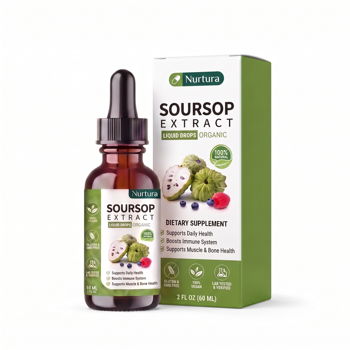 Nurtura Soursop Extract Drops 60 ml bottle with retail box on white