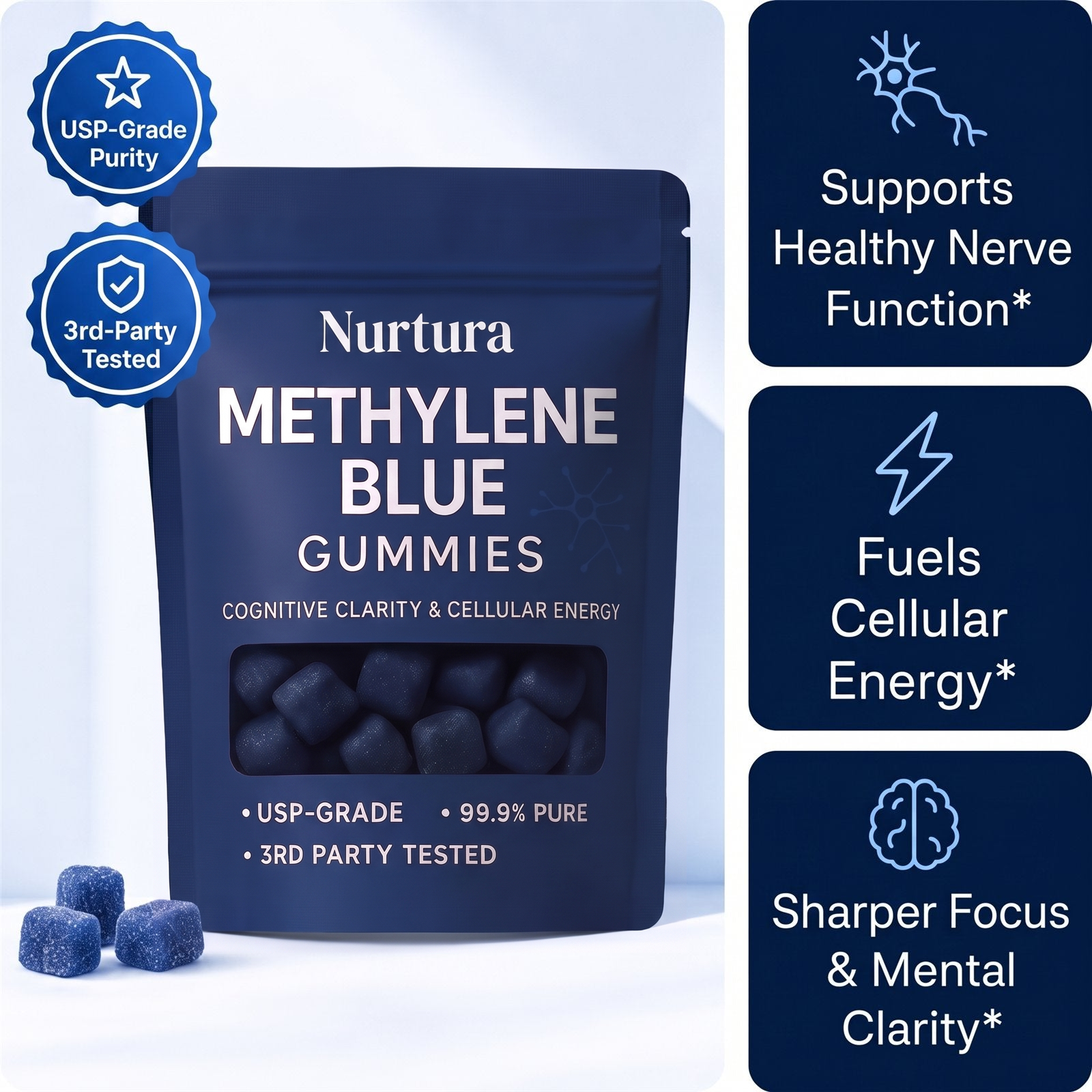 Nurtura Methylene Blue Gummies pouch with benefit tiles