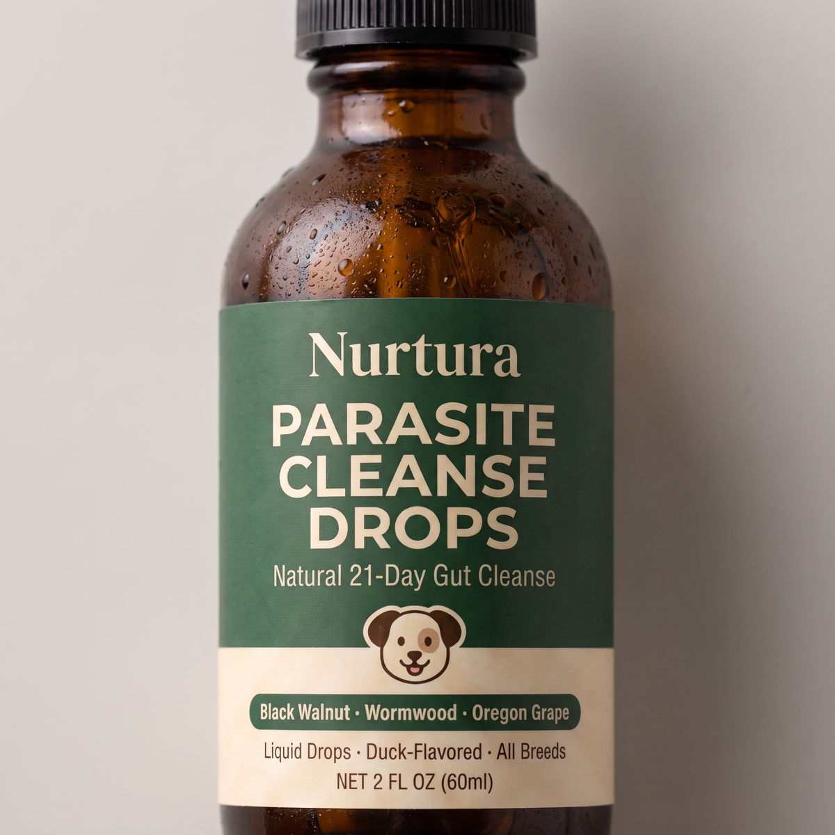 Nurtura Pet Parasite Cleanse Drops bottle label close-up