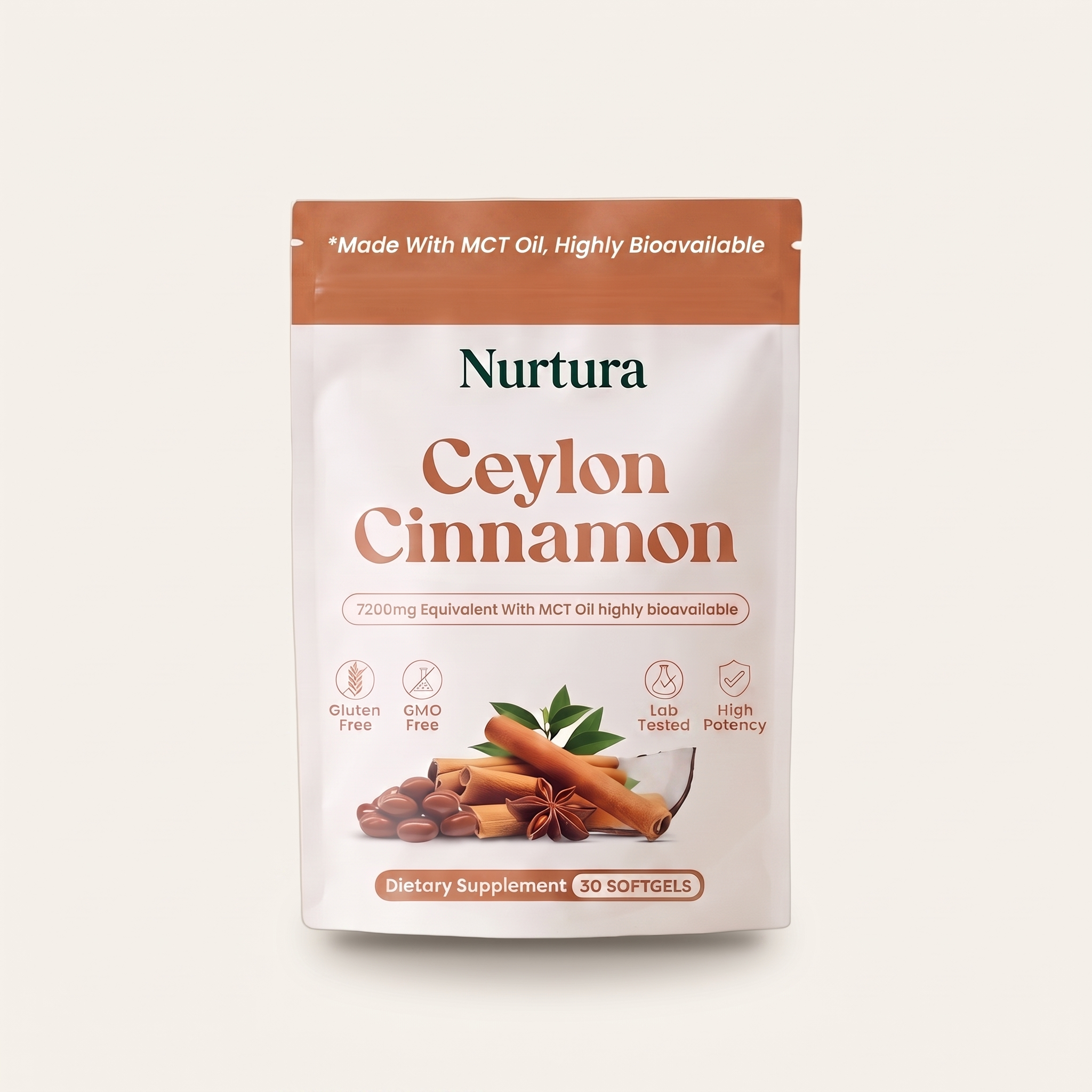 Nurtura Ceylon Cinnamon Softgels pouch, front packshot, 30 softgels