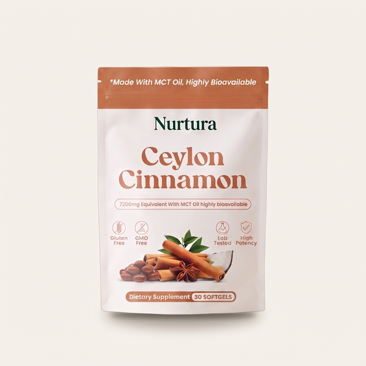 Nurtura Ceylon Cinnamon Softgels pouch, front packshot, 30 softgels