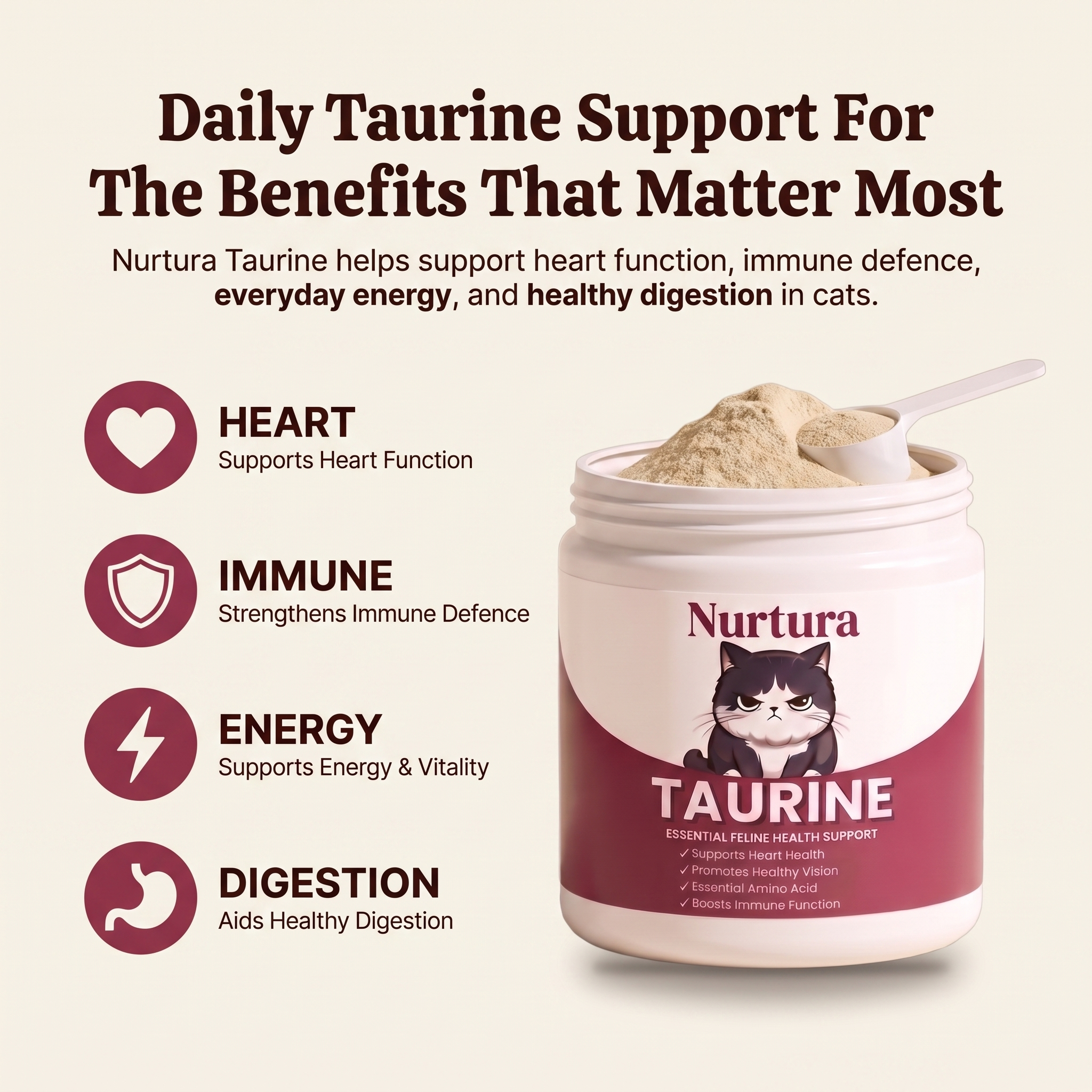 Daily Taurine Support infographic: heart, immune, energy and digestion benefits with open tub