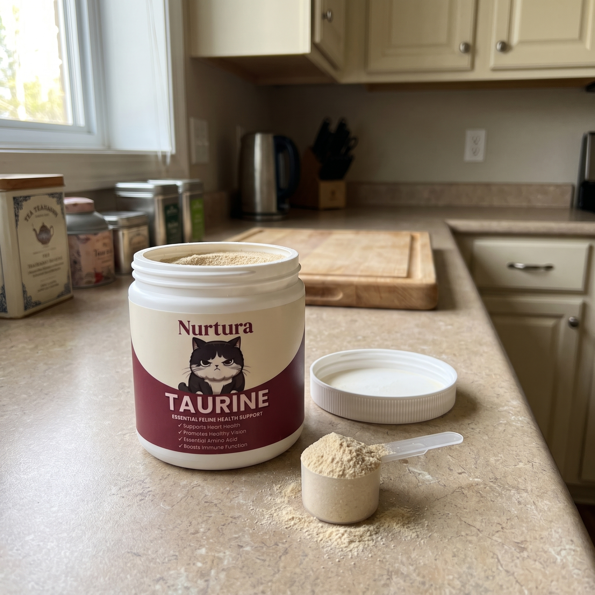 Nurtura Taurine for Cats open tub with scoop on a kitchen counter