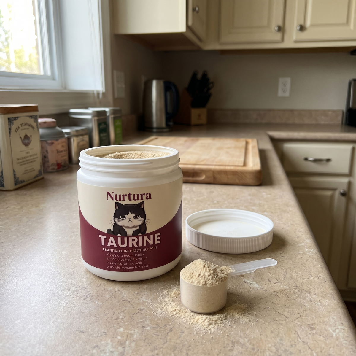 Nurtura Taurine for Cats open tub with scoop on a kitchen counter