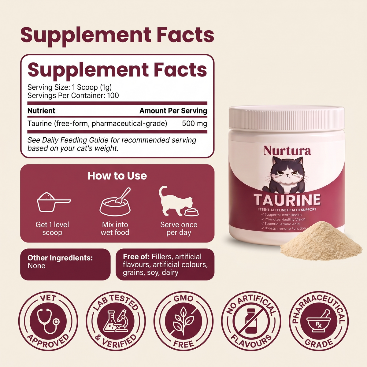 Nurtura Taurine for Cats supplement facts panel, how to use and quality seals