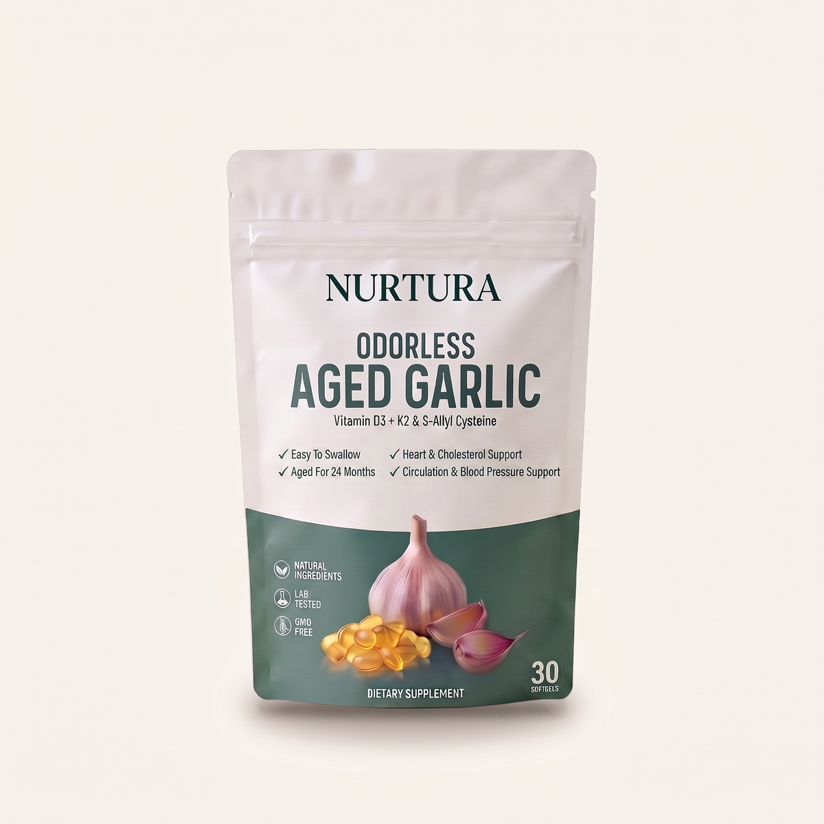 Nurtura Aged Garlic Extract Softgels pouch, front packshot, 60 softgels