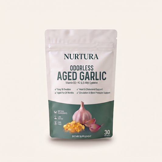 Nurtura Aged Garlic Extract Softgels pouch, front packshot, 60 softgels