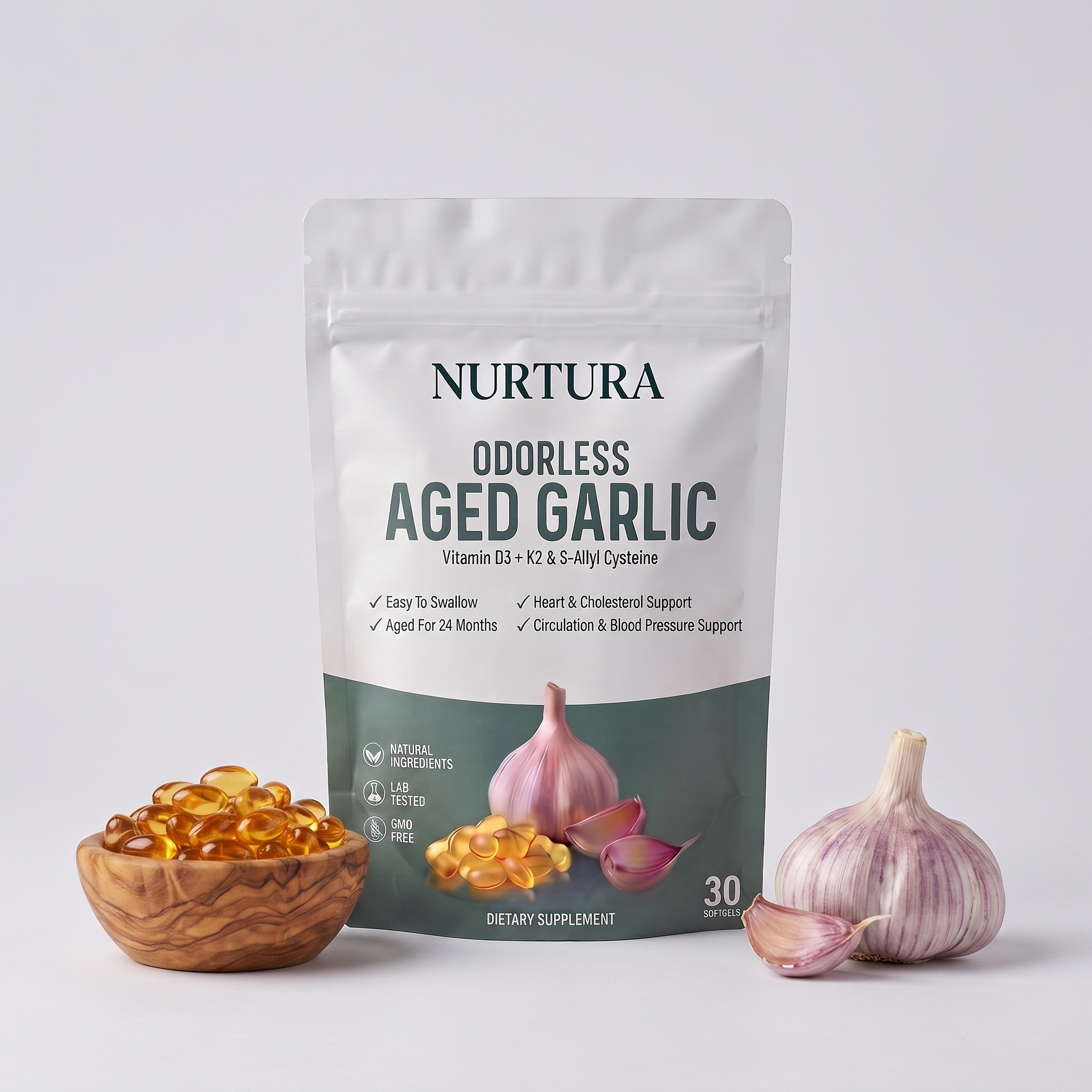 Nurtura Aged Garlic Extract Softgels pouch with a bowl of softgels and a garlic bulb
