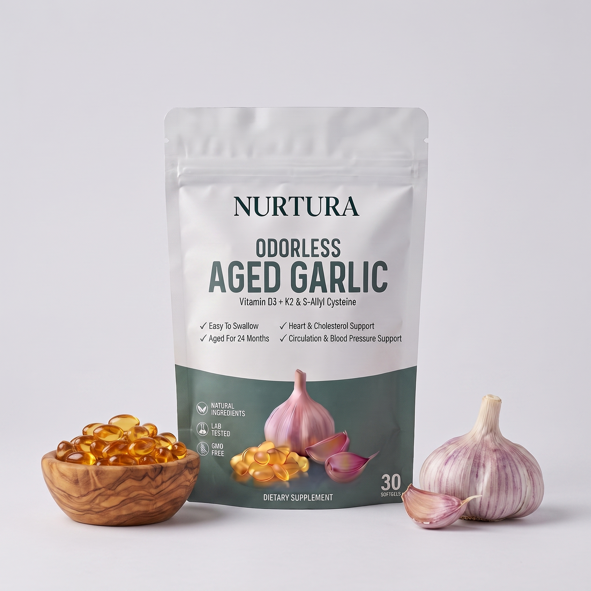 Nurtura Aged Garlic Extract Softgels pouch with a bowl of softgels and a garlic bulb