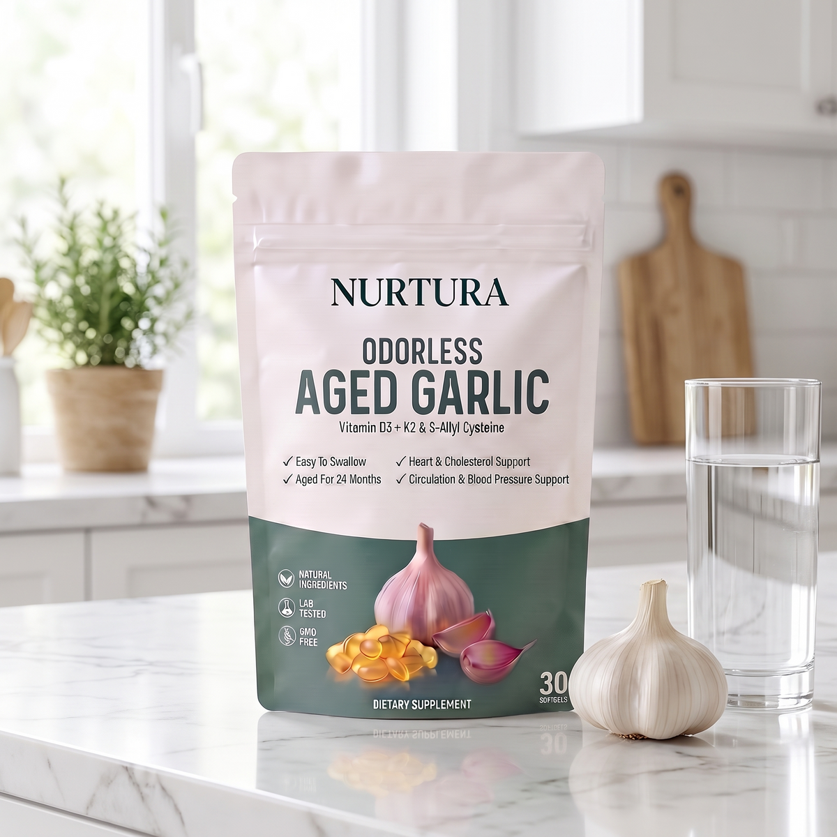 Nurtura Aged Garlic Extract Softgels pouch on a kitchen counter with garlic and a glass of water