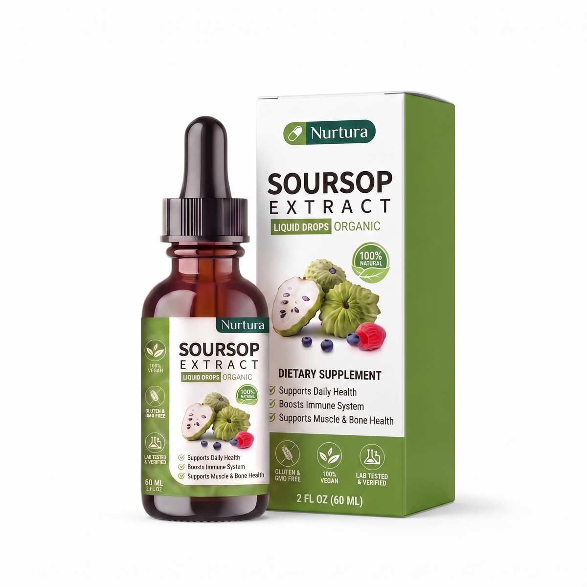 Nurtura Soursop Extract Drops bottle and retail box on white