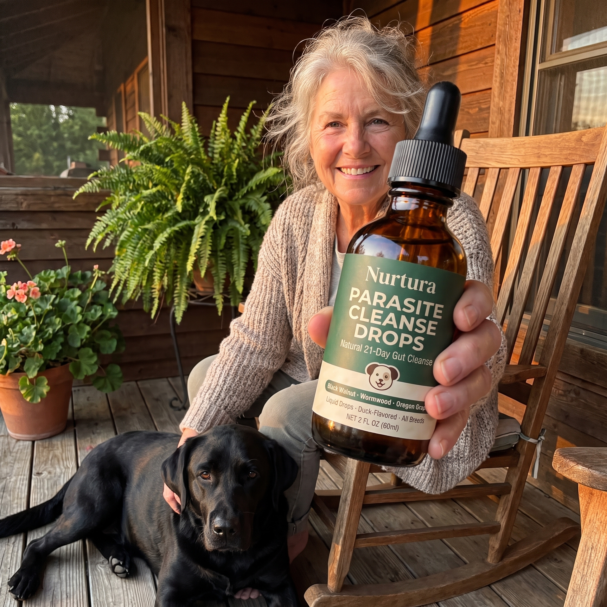 Woman on porch with black labrador holding Nurtura Pet Parasite Cleanse Drops