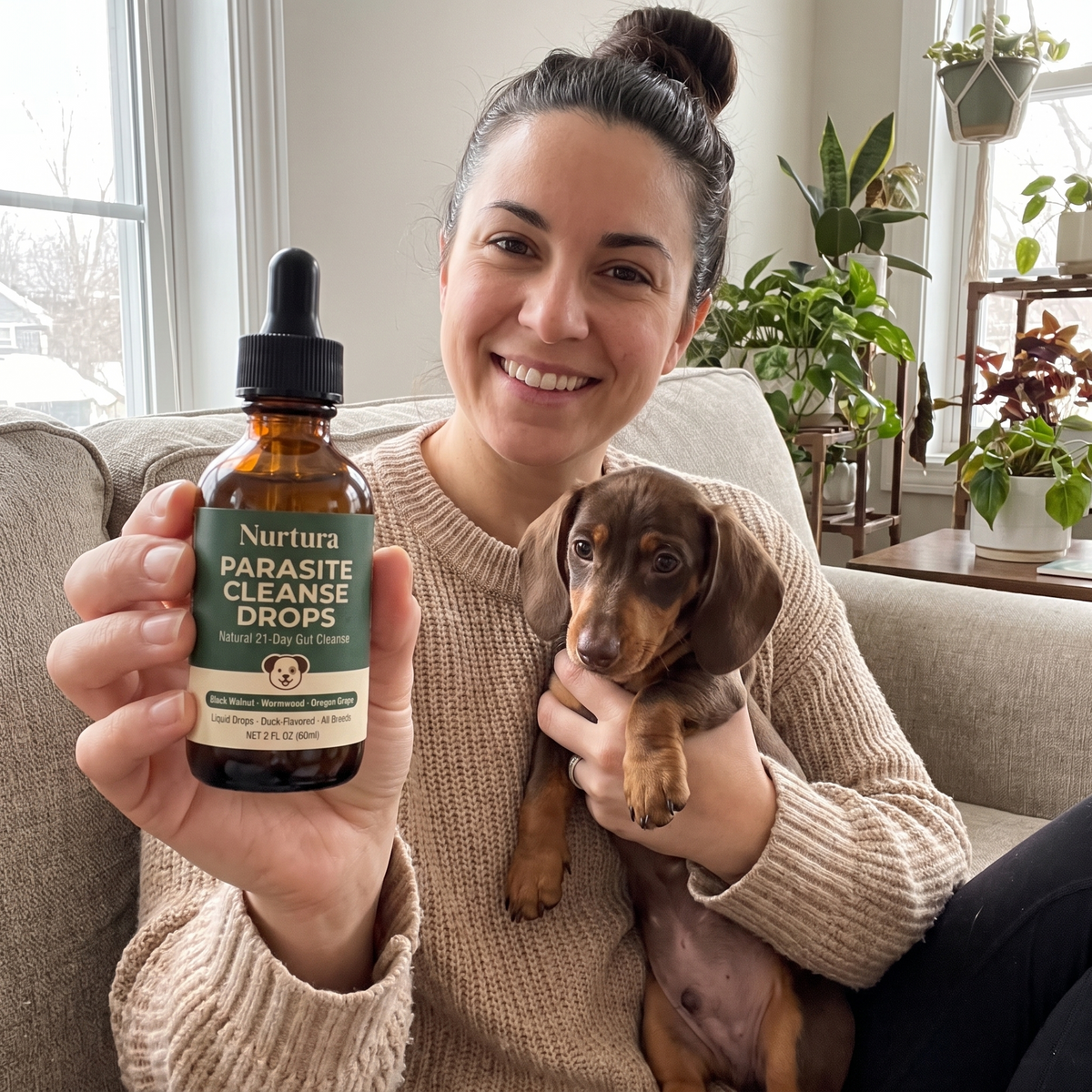 Woman with dachshund holding Nurtura Pet Parasite Cleanse Drops