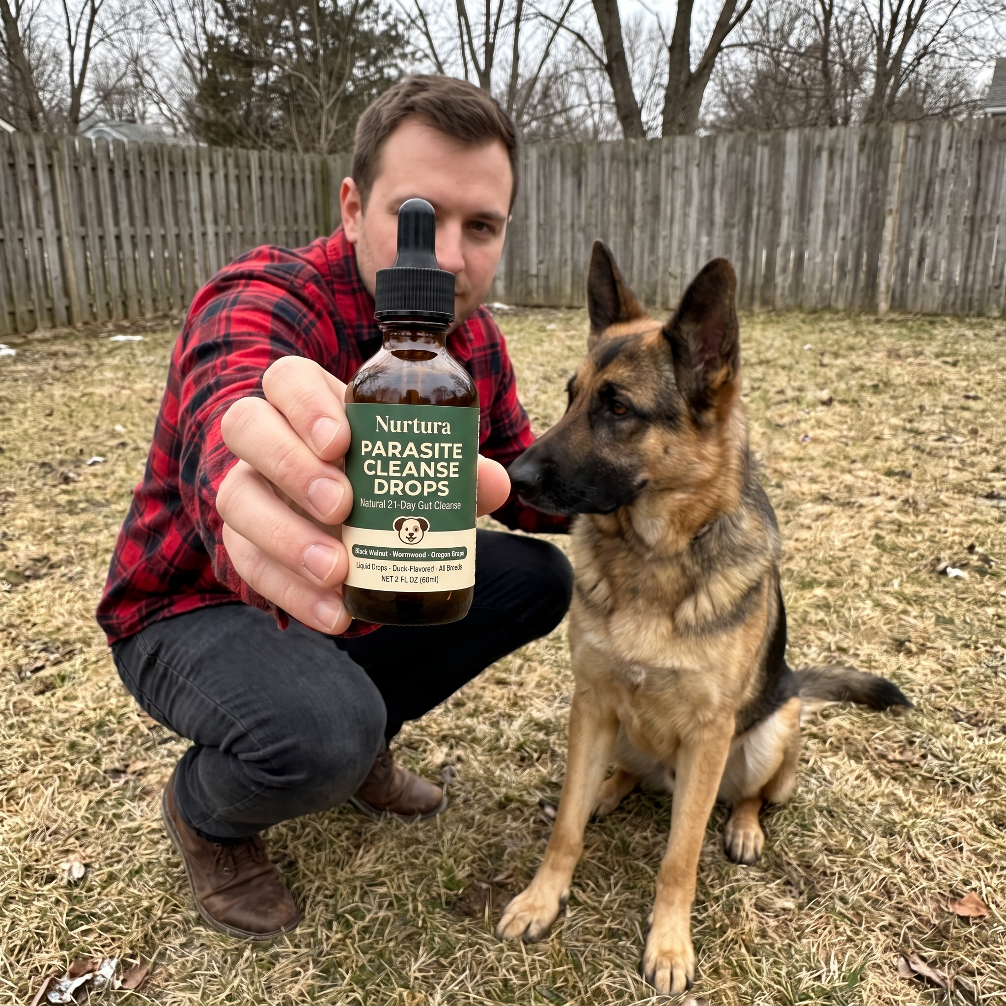 Man in backyard with German shepherd holding Nurtura Pet Parasite Cleanse Drops