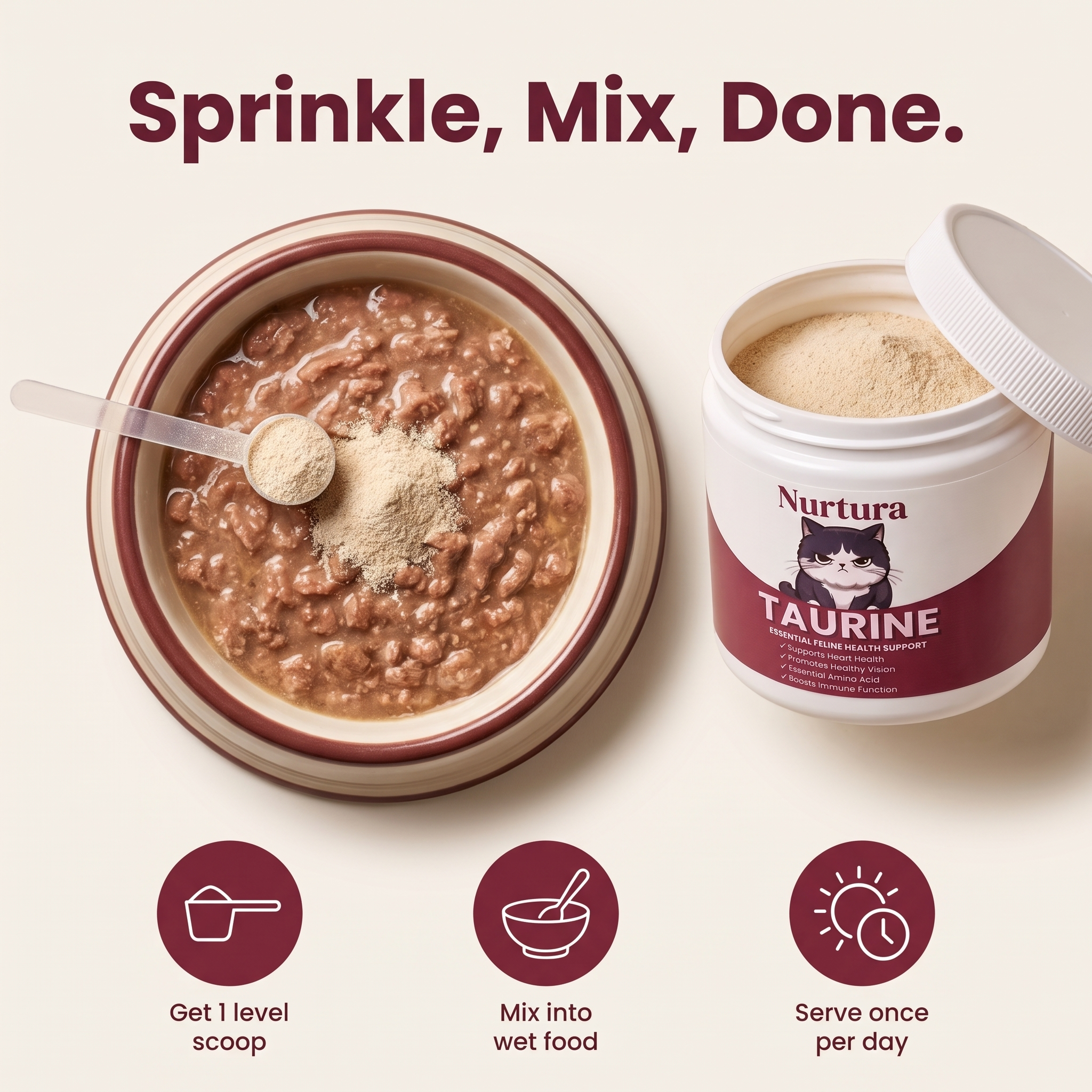 Sprinkle, Mix, Done - how to serve Nurtura Taurine for Cats