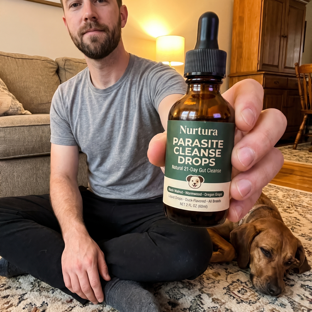 Man at home with his hound holding Nurtura Pet Parasite Cleanse Drops