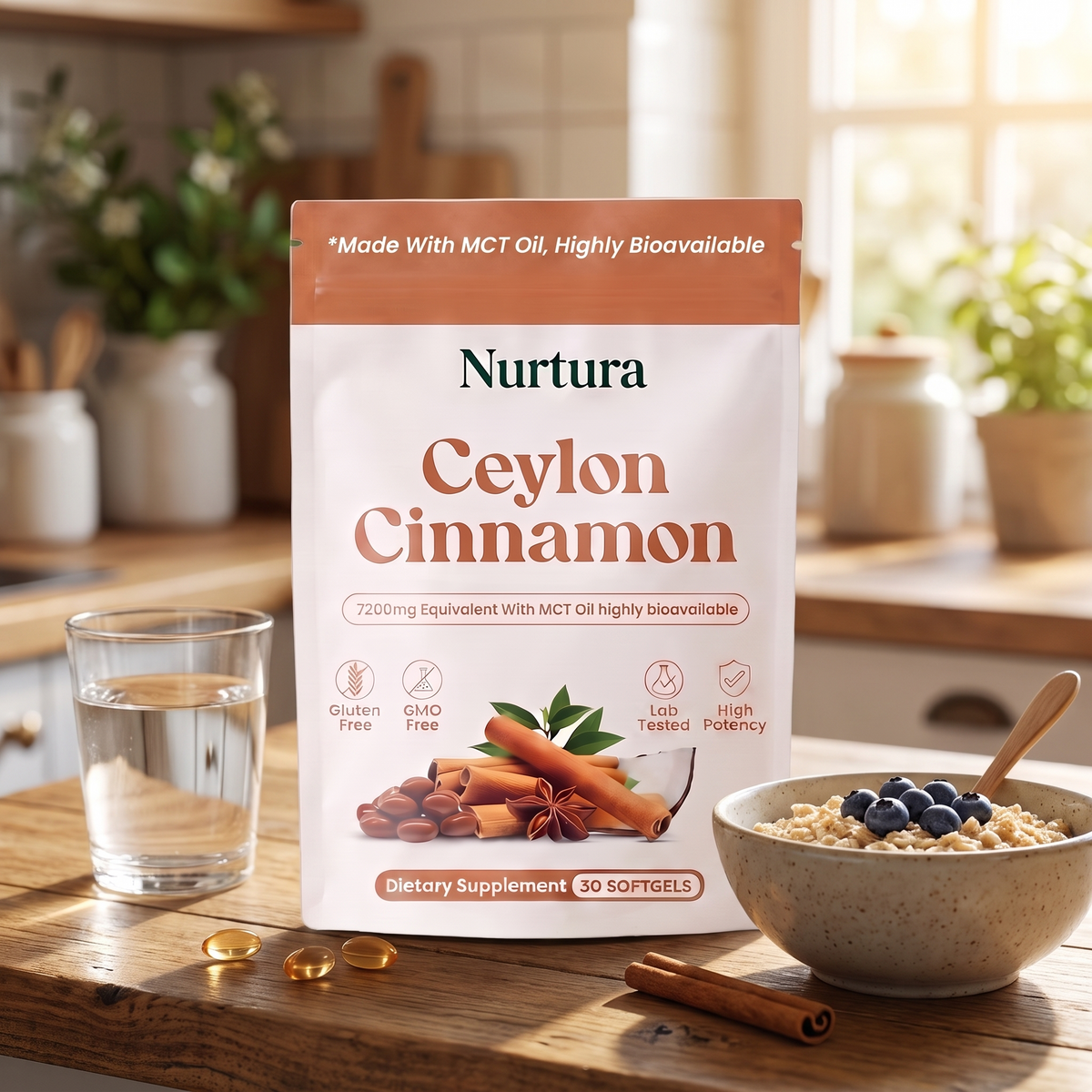 Nurtura Ceylon Cinnamon Softgels pouch on a kitchen counter with oatmeal