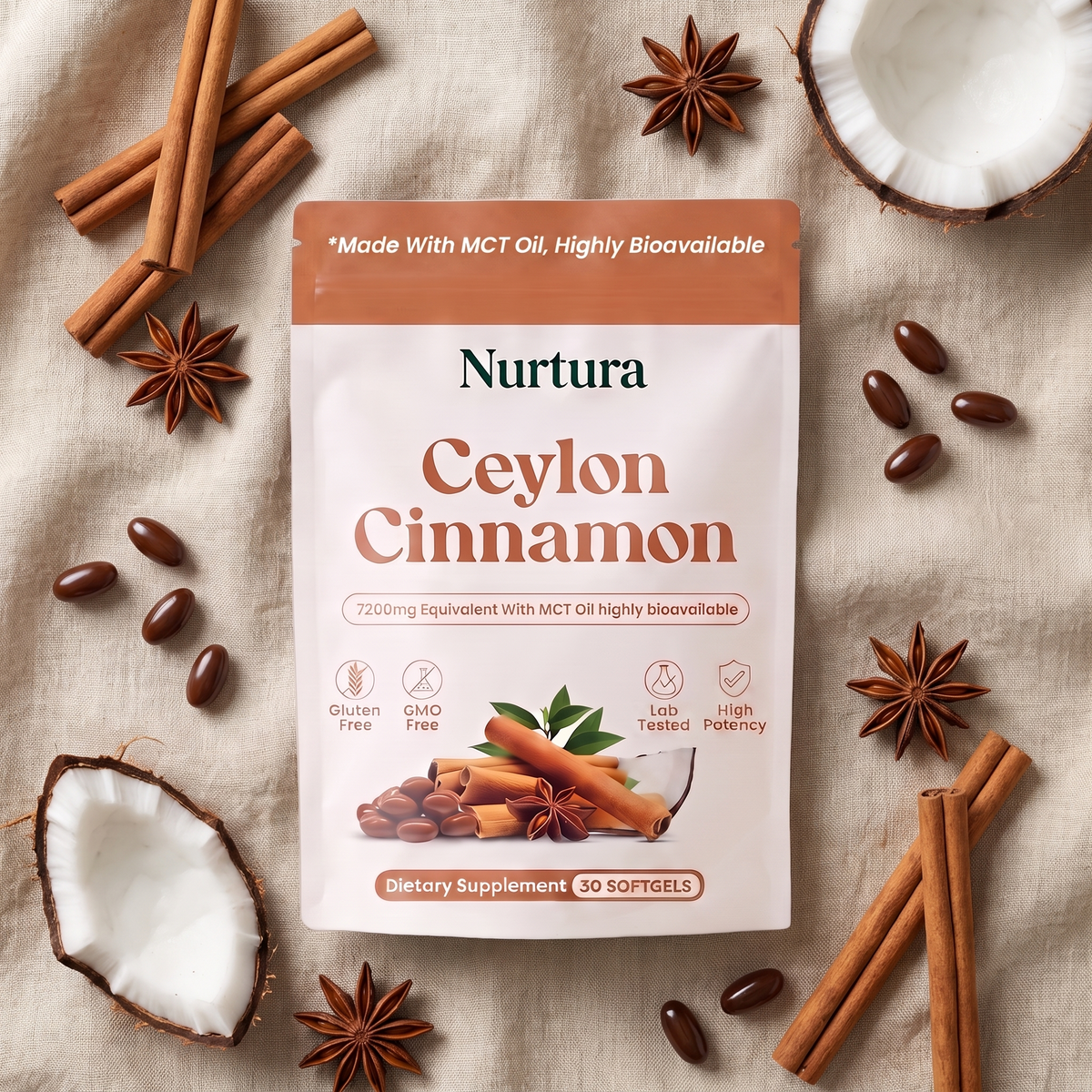 Nurtura Ceylon Cinnamon Softgels flat lay with cinnamon and coconut