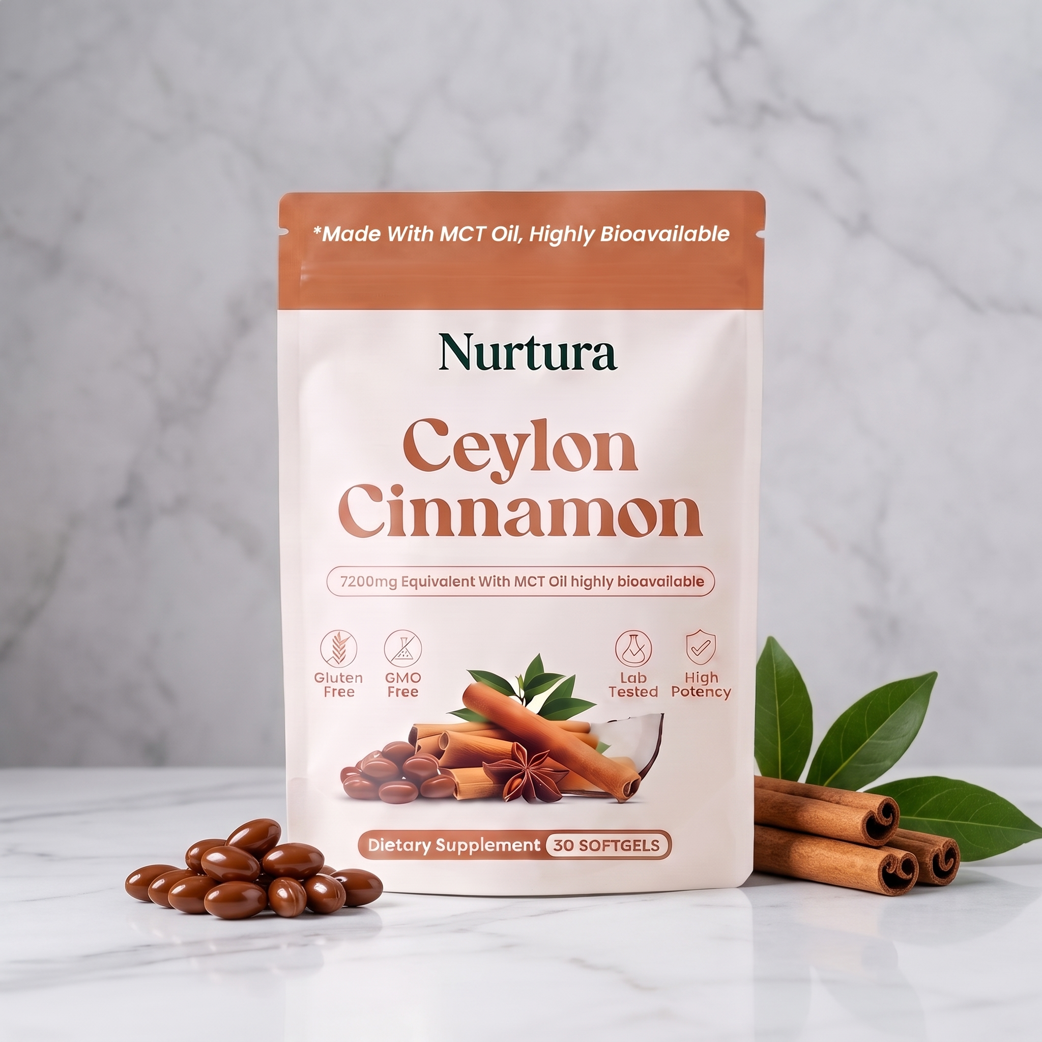 Nurtura Ceylon Cinnamon Softgels pouch on marble