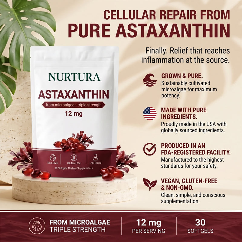 Cellular repair from pure astaxanthin: grown and pure microalgae, made in the USA, produced in an FDA-registered facility, vegan, gluten-free and non-GMO