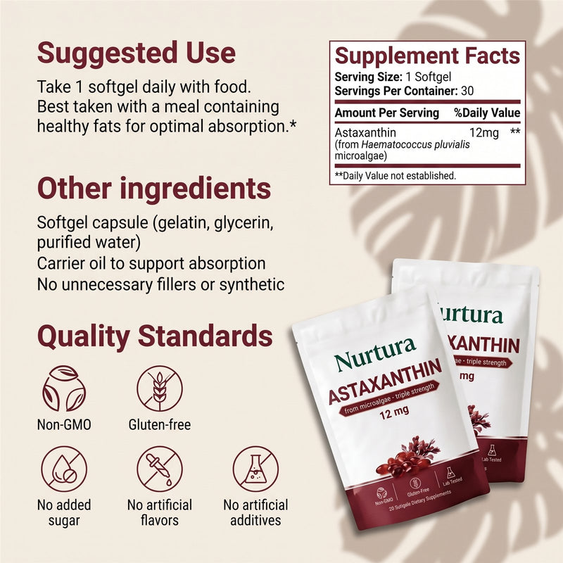 Nurtura Astaxanthin suggested use and supplement facts