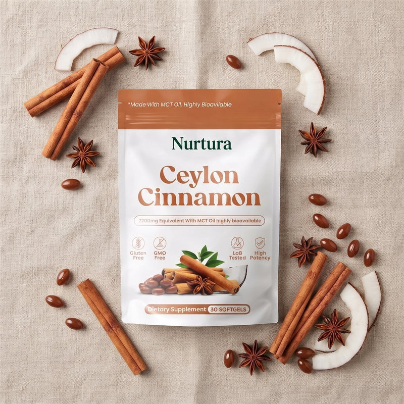 Nurtura Ceylon Cinnamon Softgels with cinnamon sticks and coconut