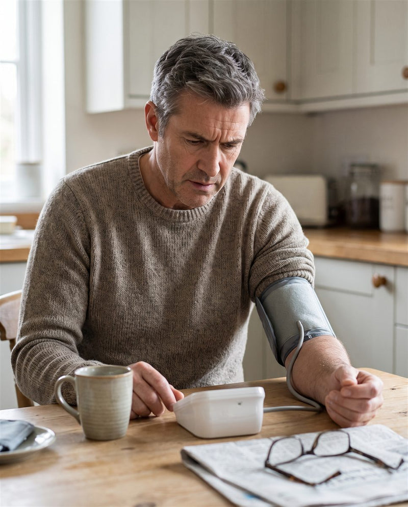 Day 1: checking blood pressure at the kitchen table, worried