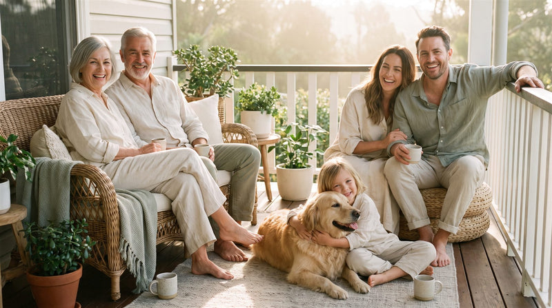 A multigenerational family and their golden retriever on a sunlit porch