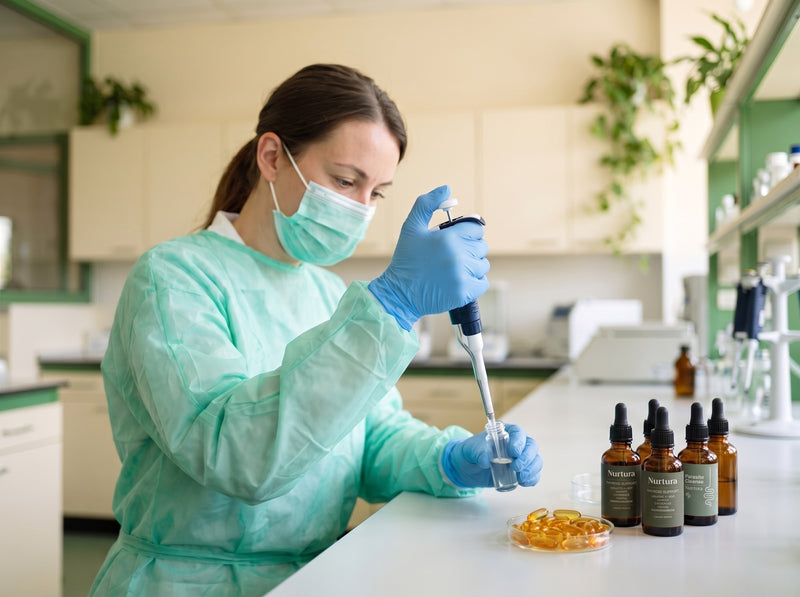 A technician in a clean quality-control lab checking droppers and softgels