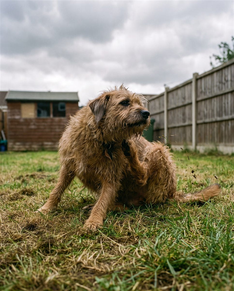 Day 1: a dog scratching on the lawn with a dull coat
