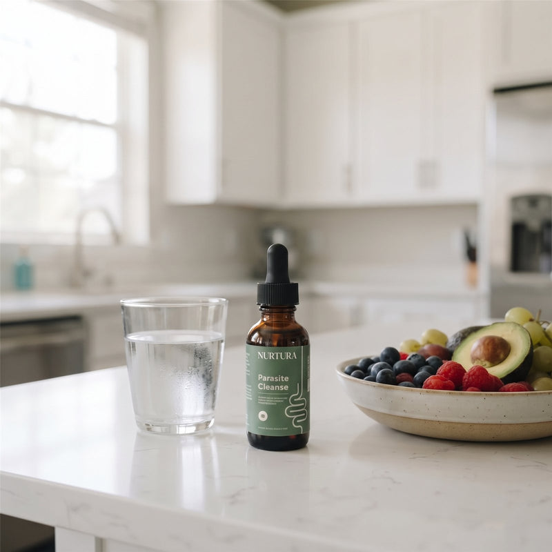 Nurtura Parasite Cleanse Drops on the kitchen counter