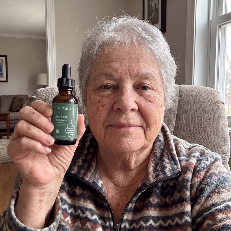 Nurtura customer holding her Parasite Cleanse bottle