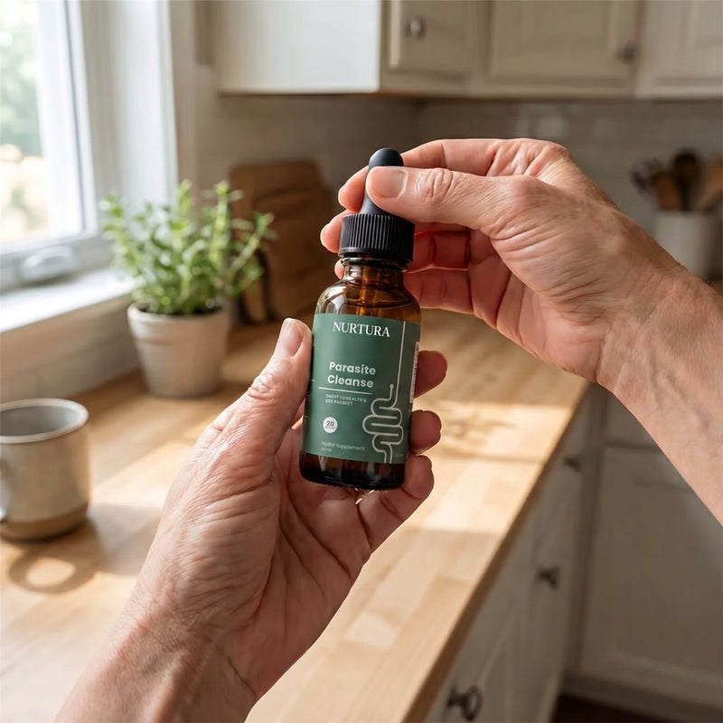 Two droppers of Nurtura Parasite Cleanse Drops in the kitchen