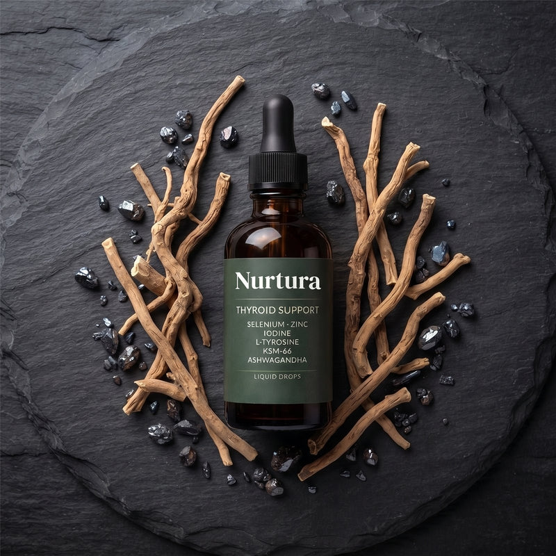 Nurtura Thyroid Support Drops on slate with ashwagandha